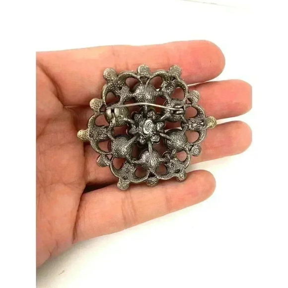 Antique Silver Cluster Faux Pearl Brooch Pin Rhinestone 5CM - Picture 5 of 11